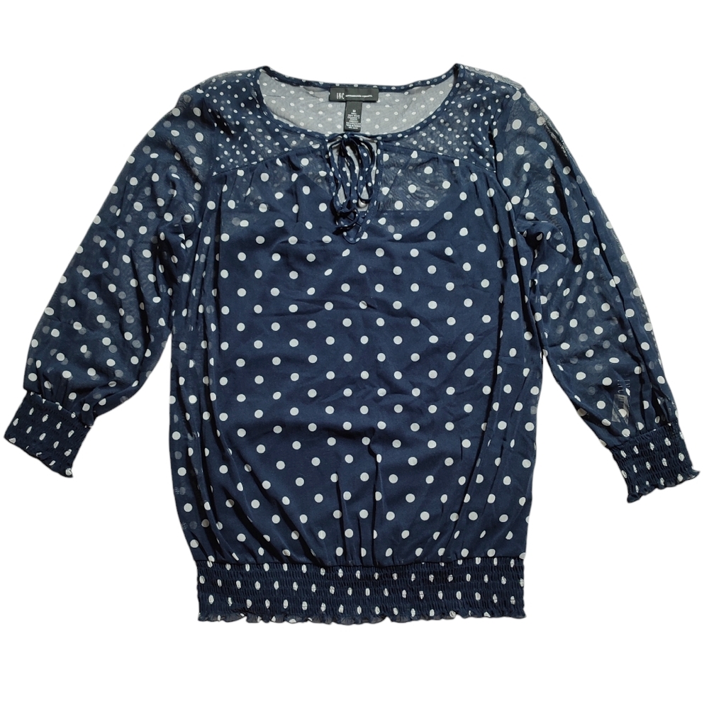 INC Polka Dot Navy Blue Boho Peasant Women's Sheer Top Size M NWT